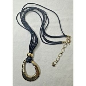 KR Necklace Gold Hammered Teardrop Pendant Black Leather Multi strand